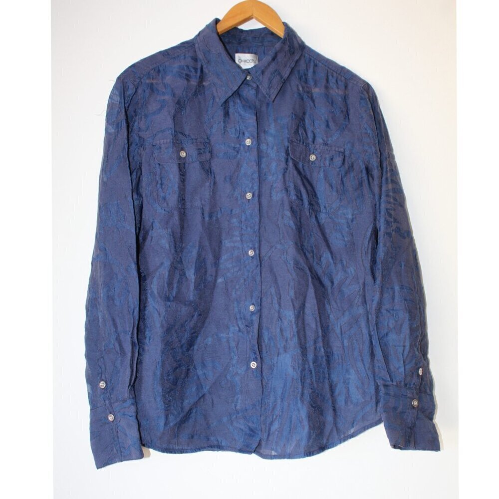 Chicos Blue Button Down Women's Shirt Semi Sheer Size 1/M Pockets Casual modest